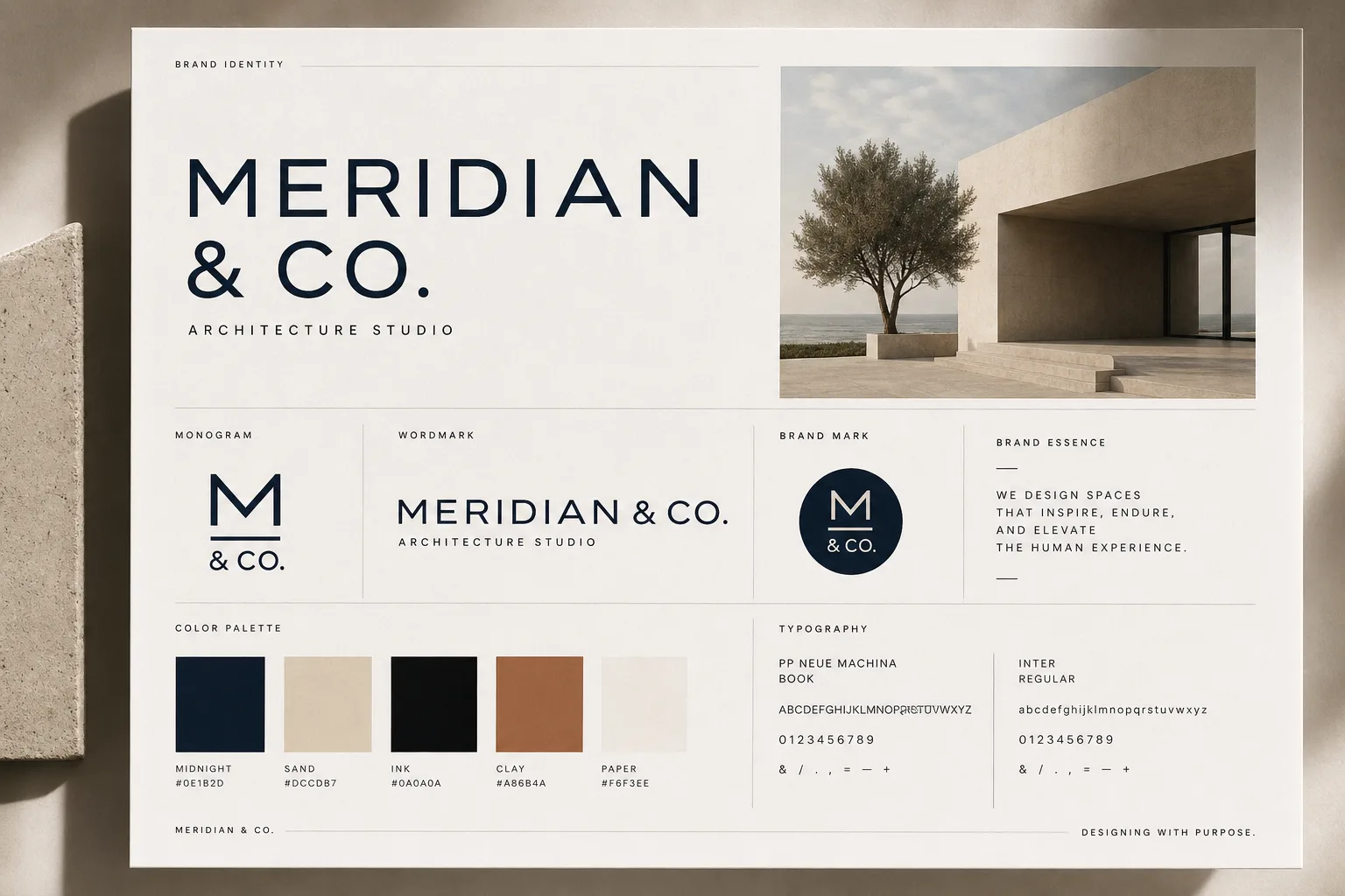 MERIDIAN & CO. identity board showing logo lockups, colour palette and typography.