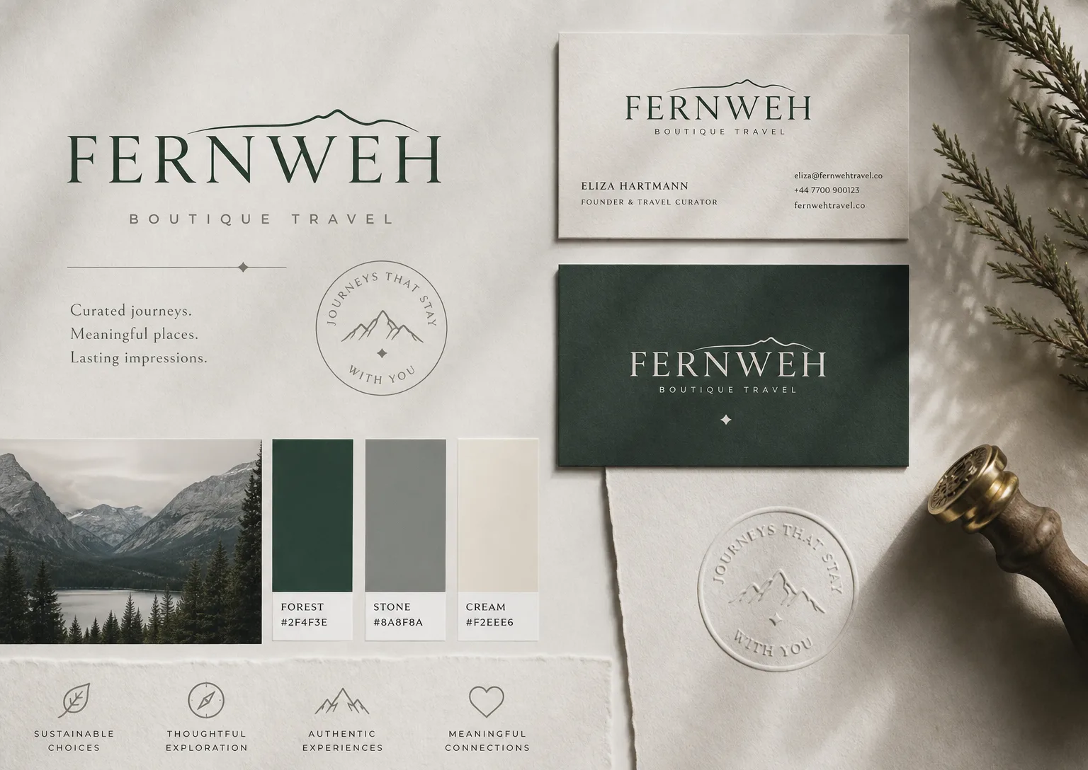 FERNWEH identity board showing logo lockups, colour palette and typography.