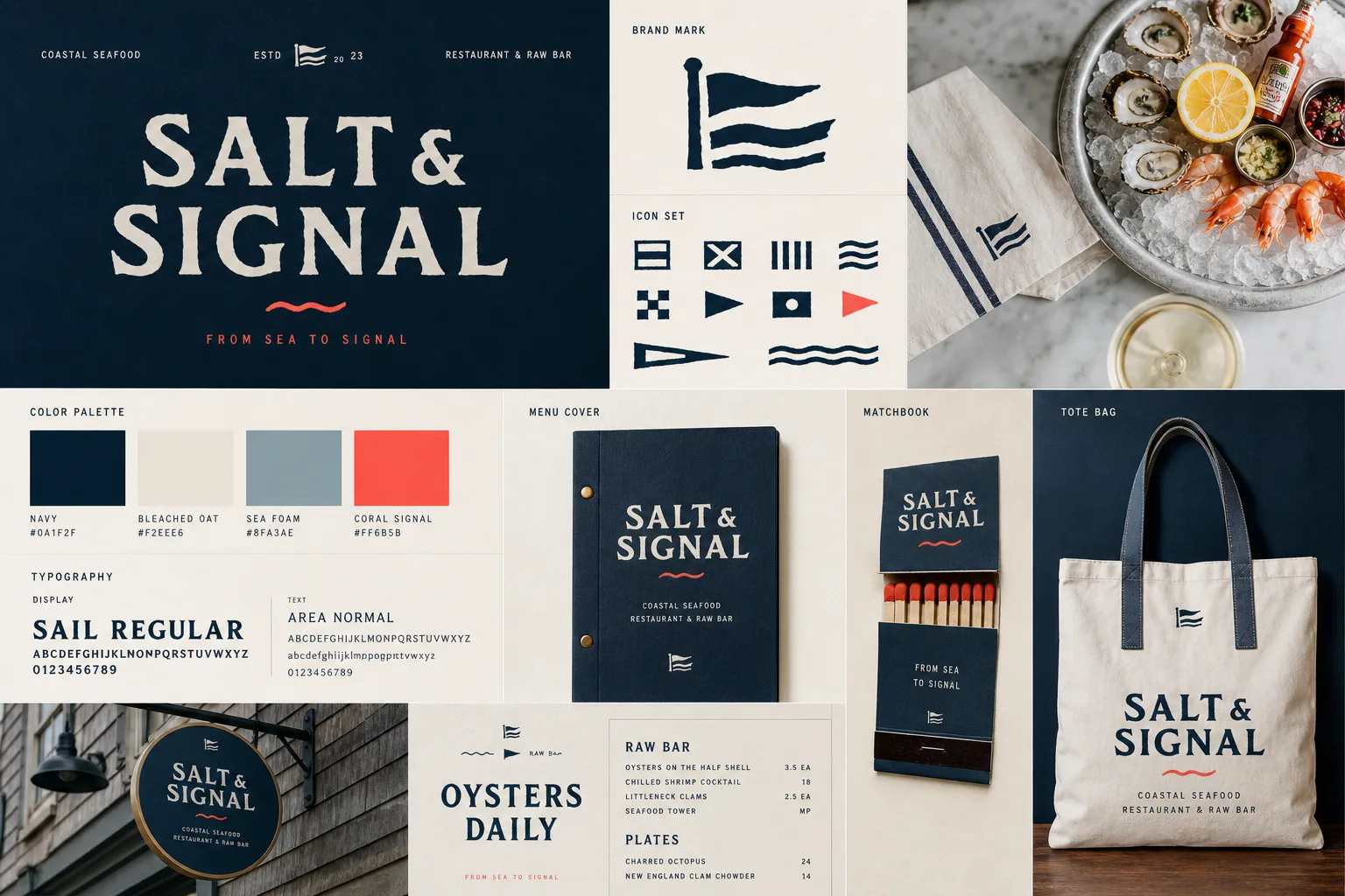 SALT & SIGNAL identity board showing logo lockups, colour palette and typography.