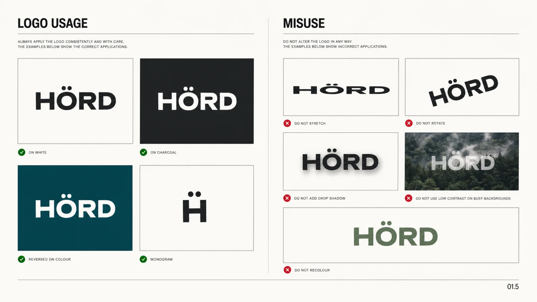 HÖRD identity board showing logo lockups, colour palette and typography.