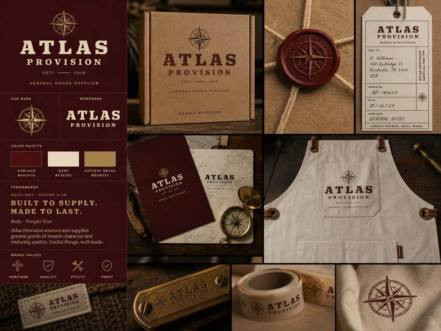 ATLAS PROVISION identity board showing logo lockups, colour palette and typography.