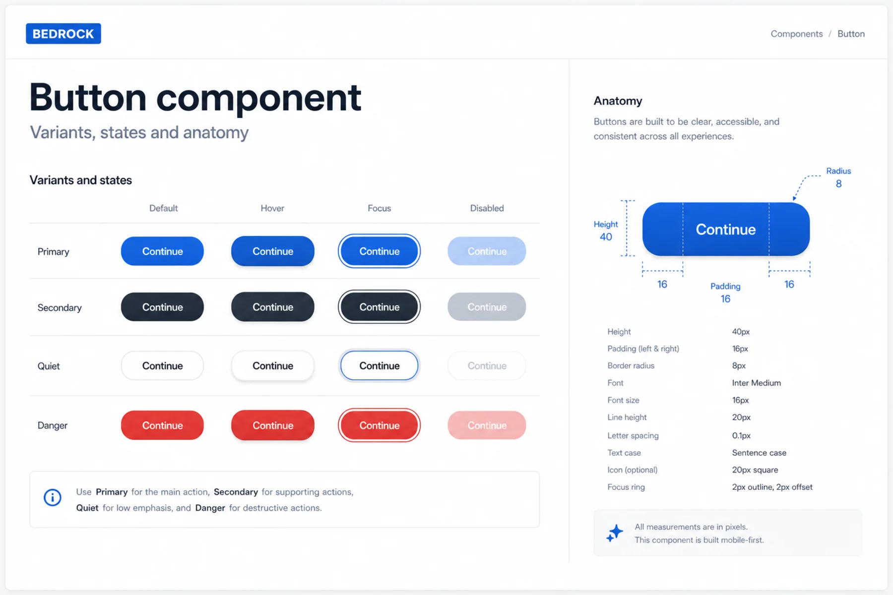 BEDROCK design system showing tokens, components and usage documentation.