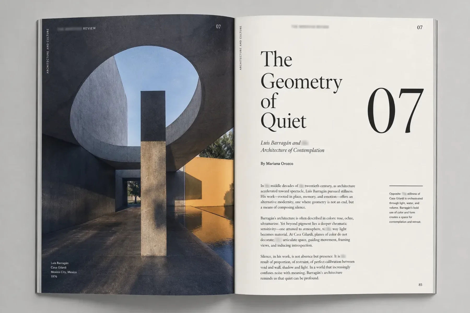 THE MERIDIAN REVIEW editorial spread showing cover, typographic hierarchy and page layout.