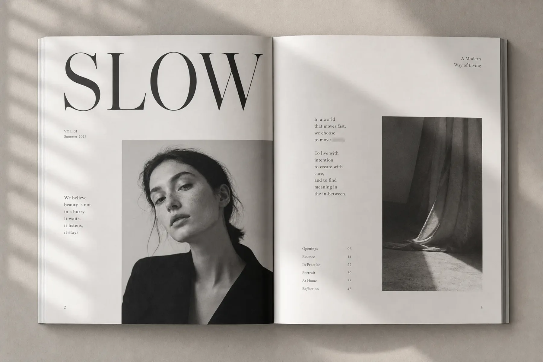 SLOW editorial spread showing cover, typographic hierarchy and page layout.
