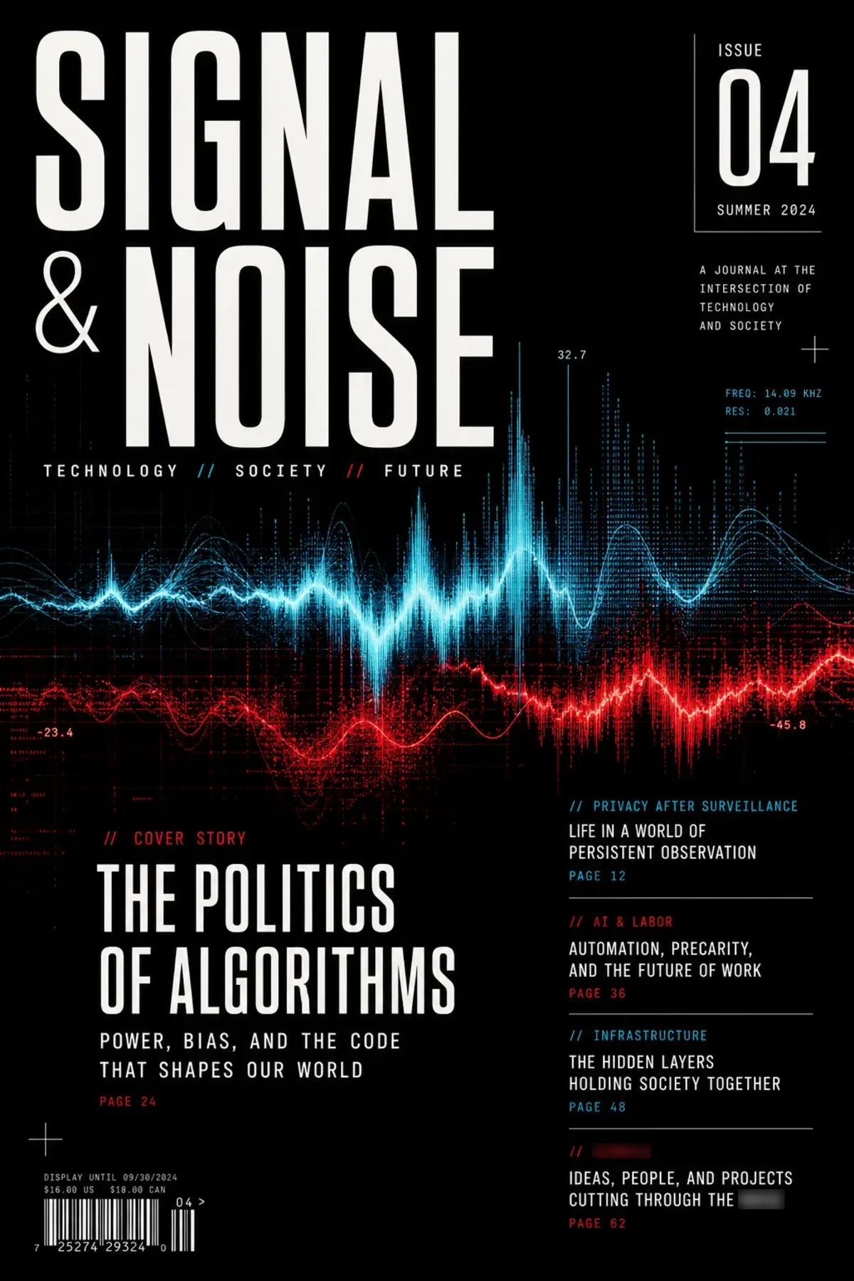 SIGNAL & NOISE editorial spread showing cover, typographic hierarchy and page layout.