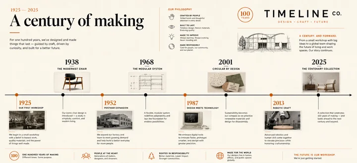 TIMELINE CO.: TIMELINE CO. infographic showing charts, labelled data and explanatory layout.