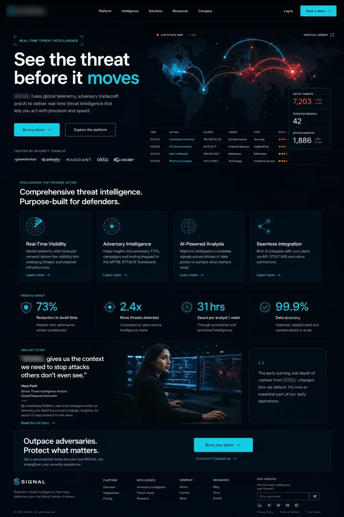 SIGNAL landing page design showing hero, proof sections and call to action.