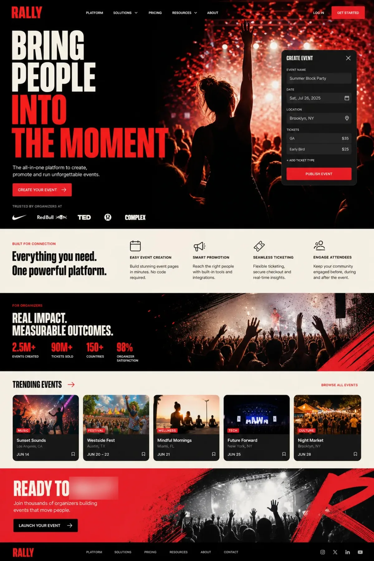 RALLY landing page design showing hero, proof sections and call to action.