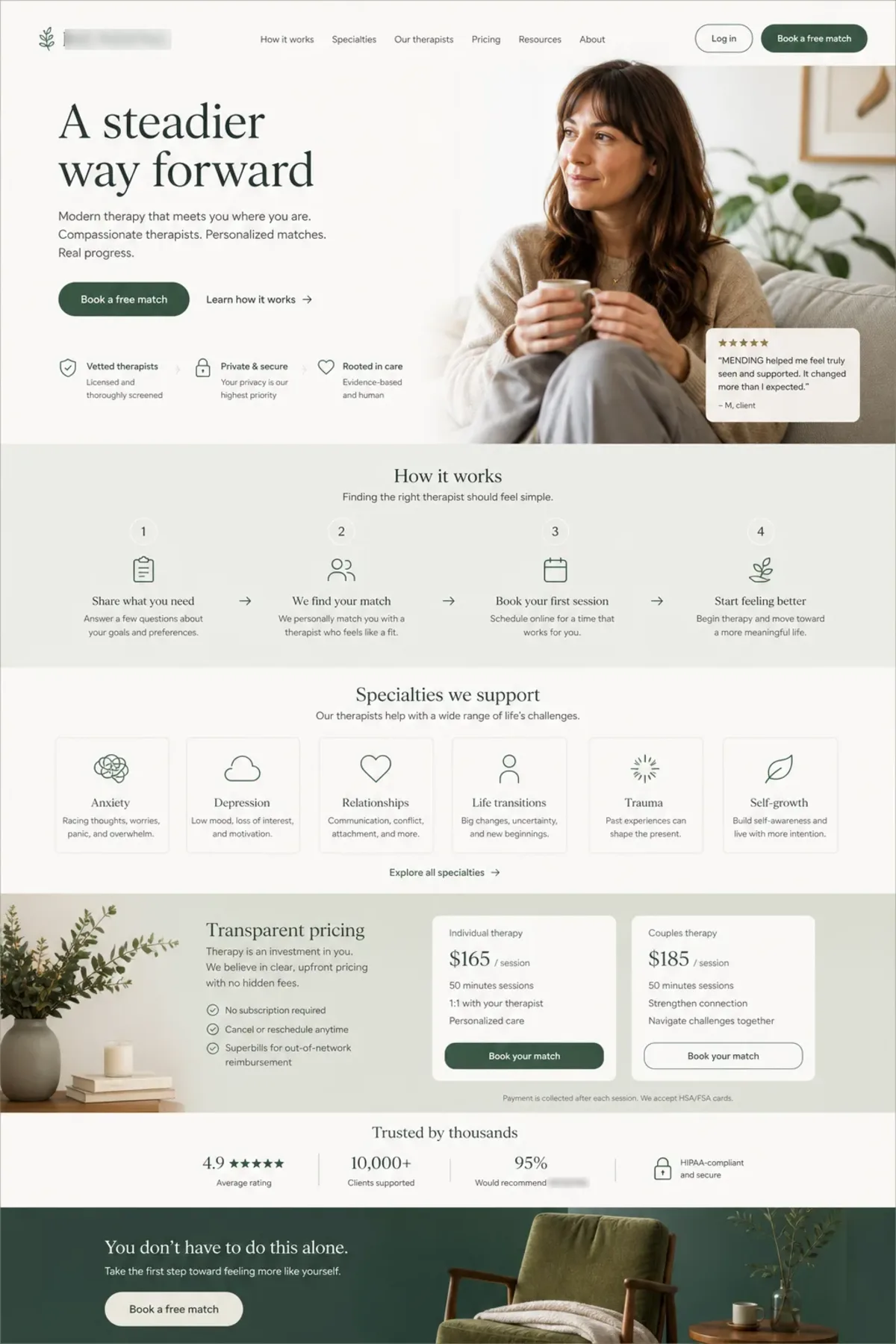 MENDING landing page design showing hero, proof sections and call to action.
