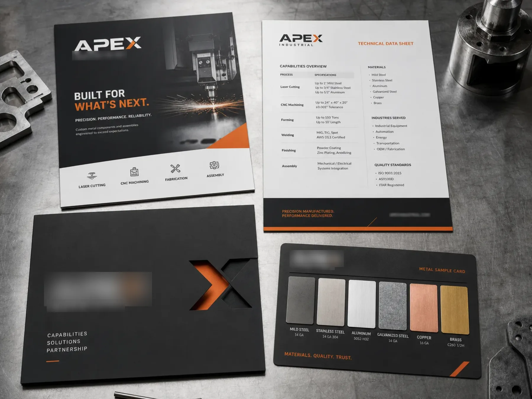 APEX INDUSTRIAL marketing collateral showing brochure and sales sheet layouts.