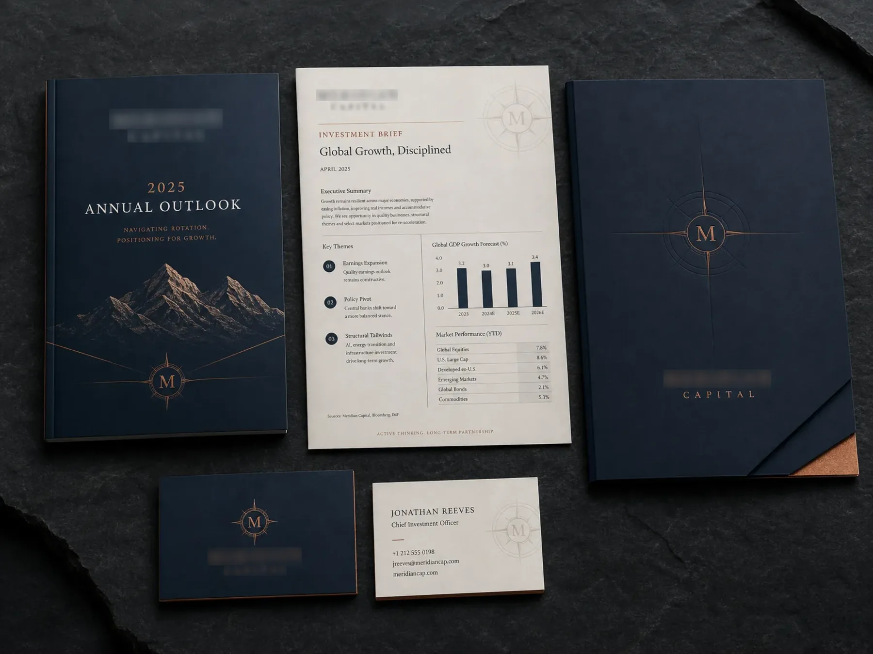 MERIDIAN CAPITAL marketing collateral showing brochure and sales sheet layouts.