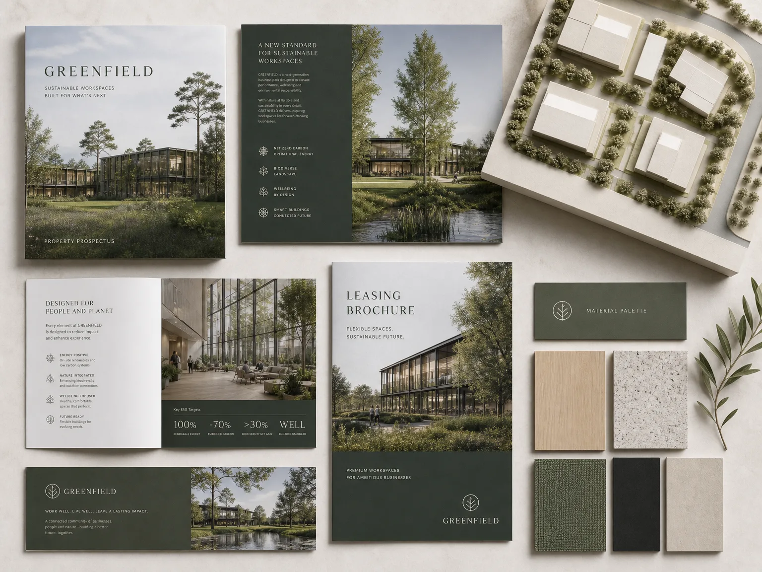 GREENFIELD marketing collateral showing brochure and sales sheet layouts.