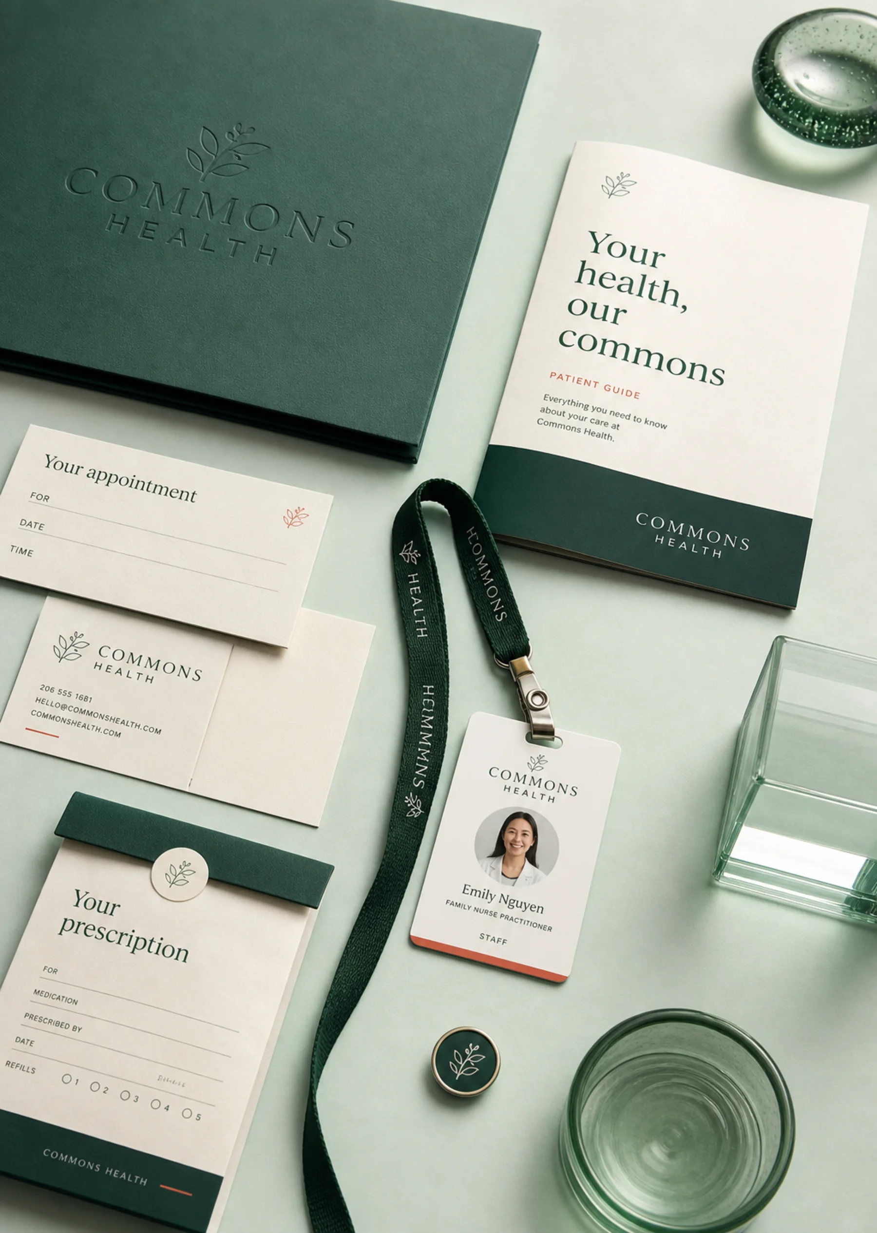 COMMONS HEALTH marketing collateral showing brochure and sales sheet layouts.