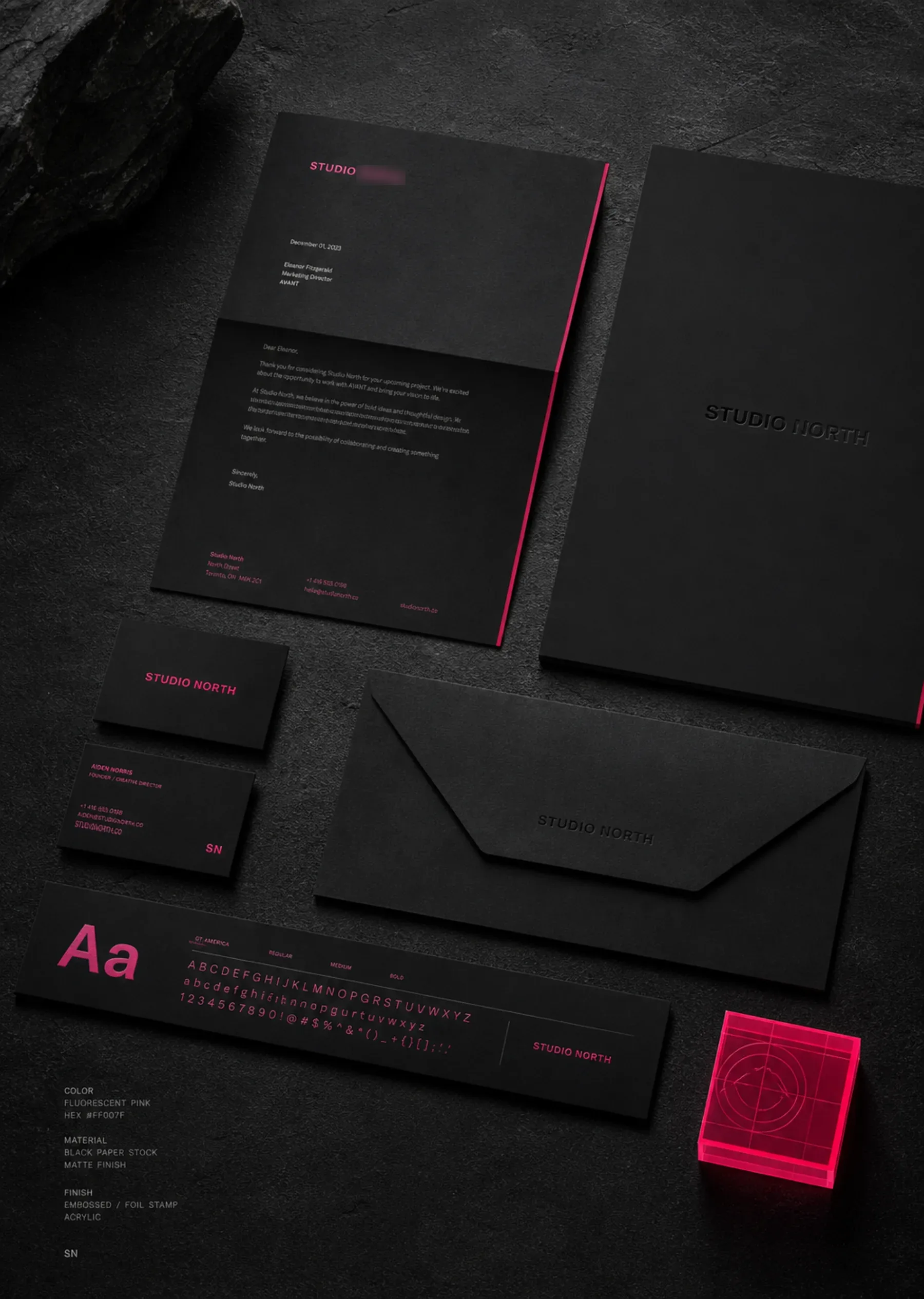 STUDIO NORTH marketing collateral showing brochure and sales sheet layouts.