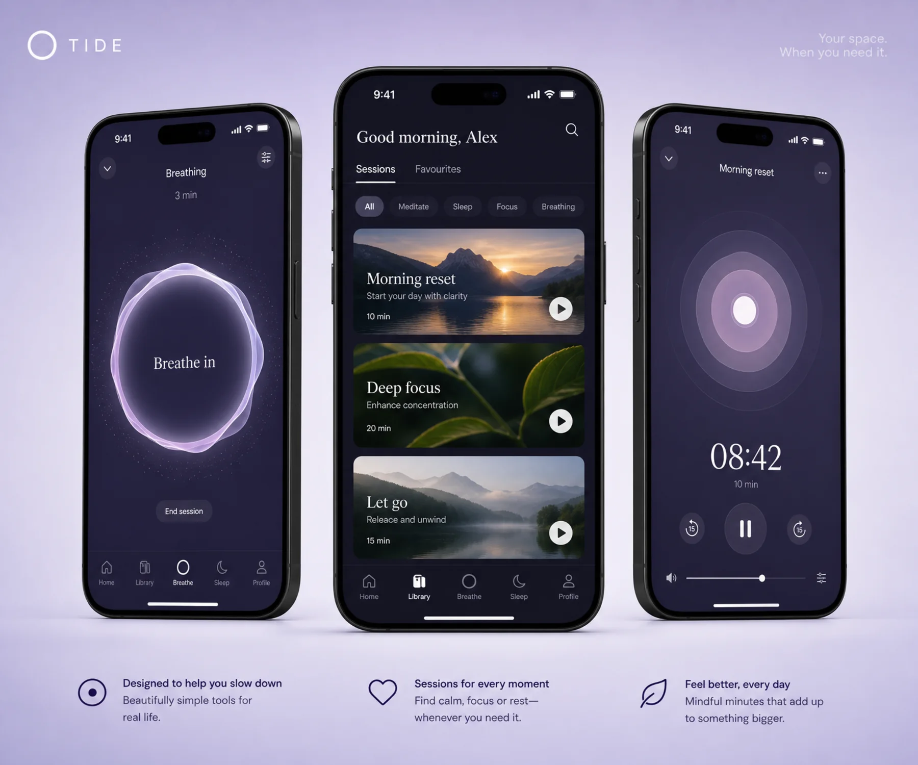 TIDE mobile app screens showing key flows and interface components.