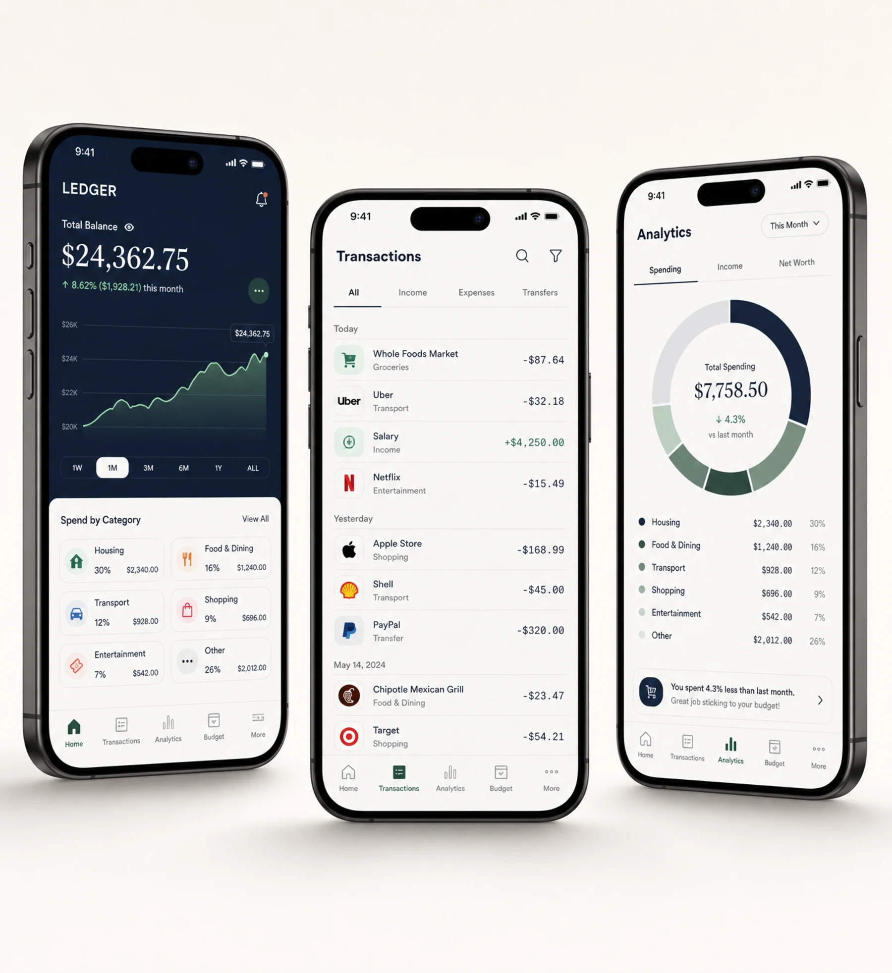 LEDGER mobile app screens showing key flows and interface components.