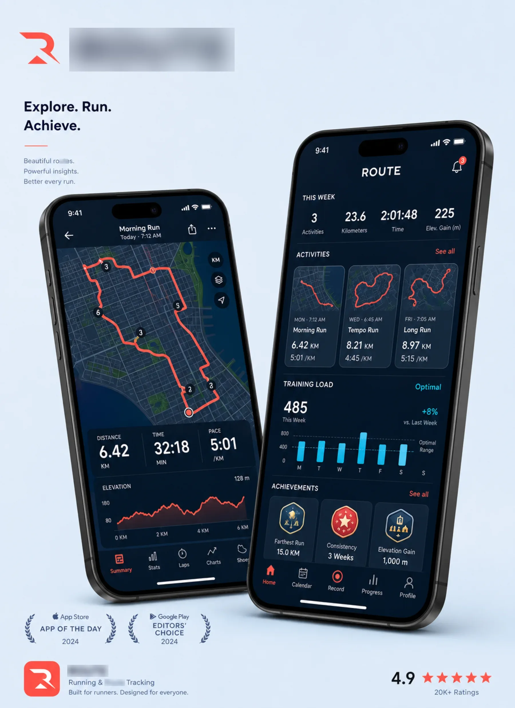 ROUTE mobile app screens showing key flows and interface components.