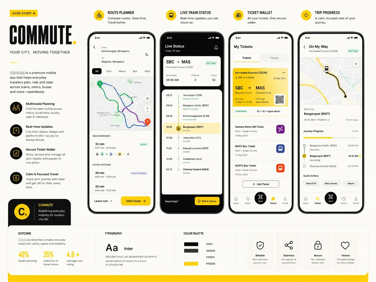 COMMUTE mobile app screens showing key flows and interface components.