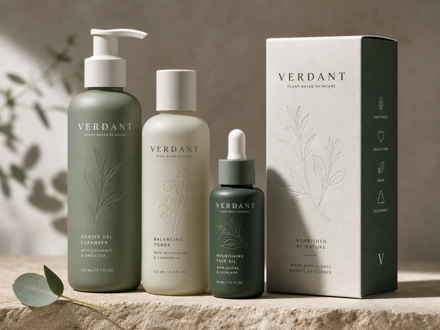 VERDANT packaging range shown across its containers, labels and print finishes.