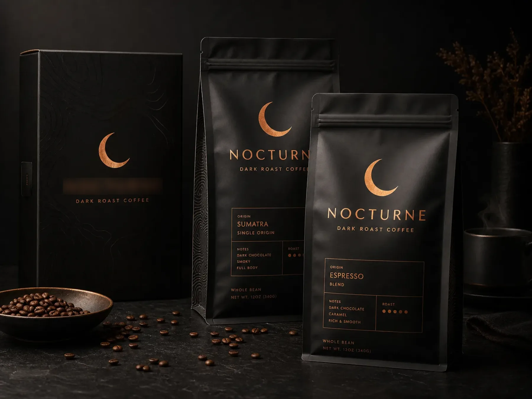 NOCTURNE packaging range shown across its containers, labels and print finishes.