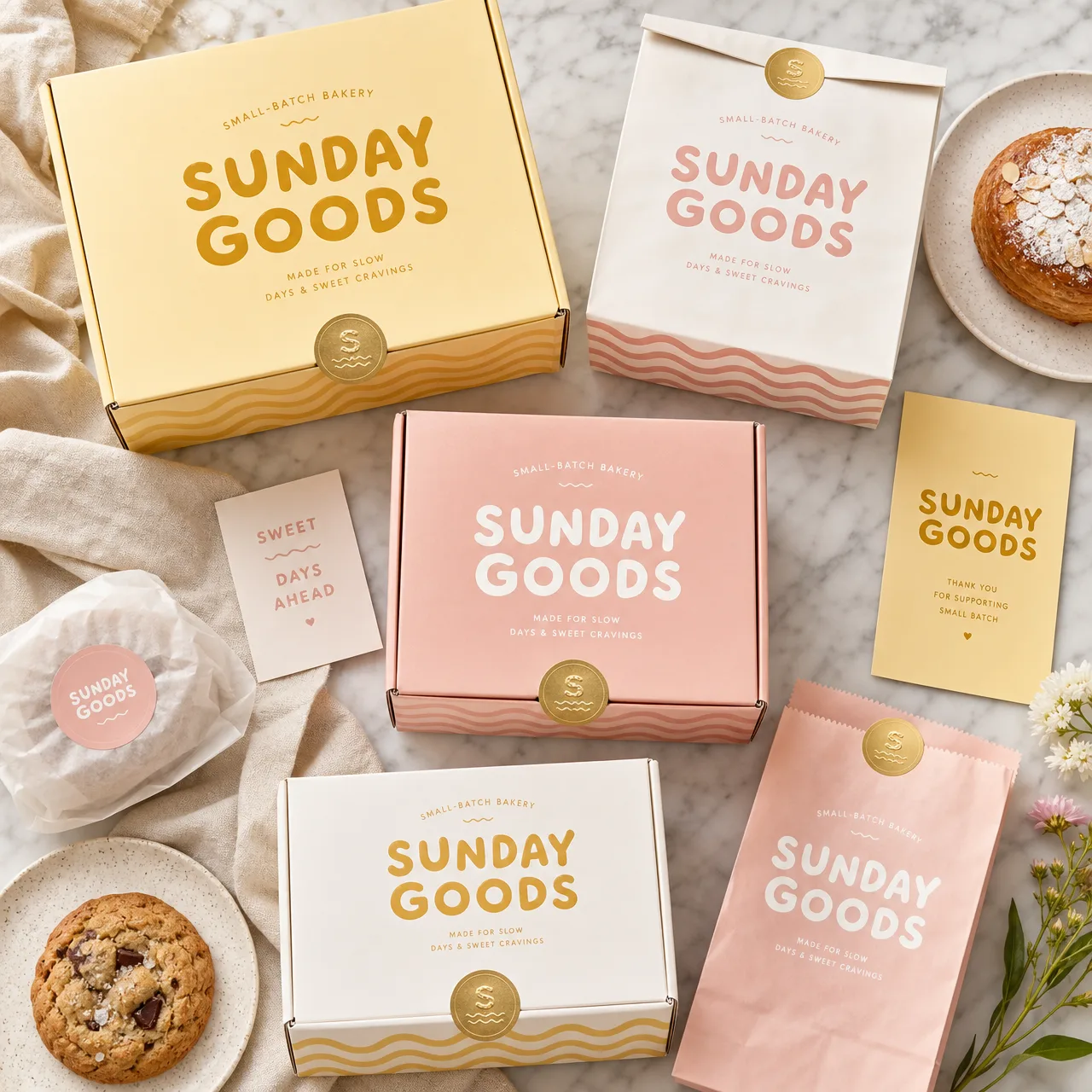 SUNDAY GOODS packaging range shown across its containers, labels and print finishes.