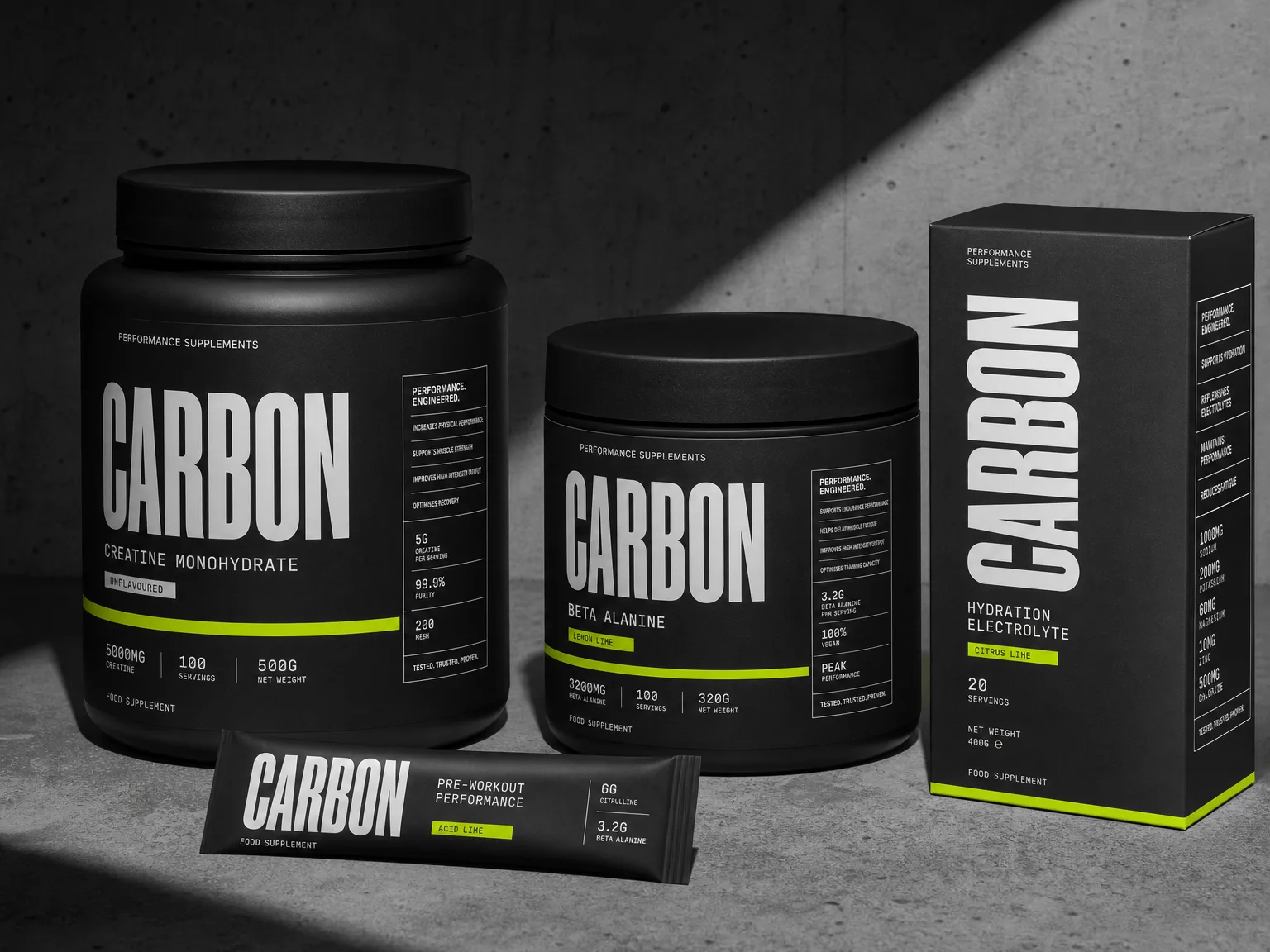 CARBON packaging range shown across its containers, labels and print finishes.