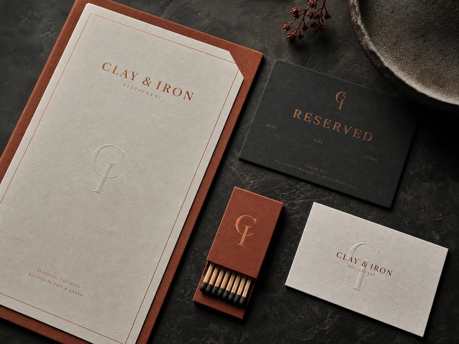 CLAY & IRON printed collateral showing layout, typography and finishing detail.