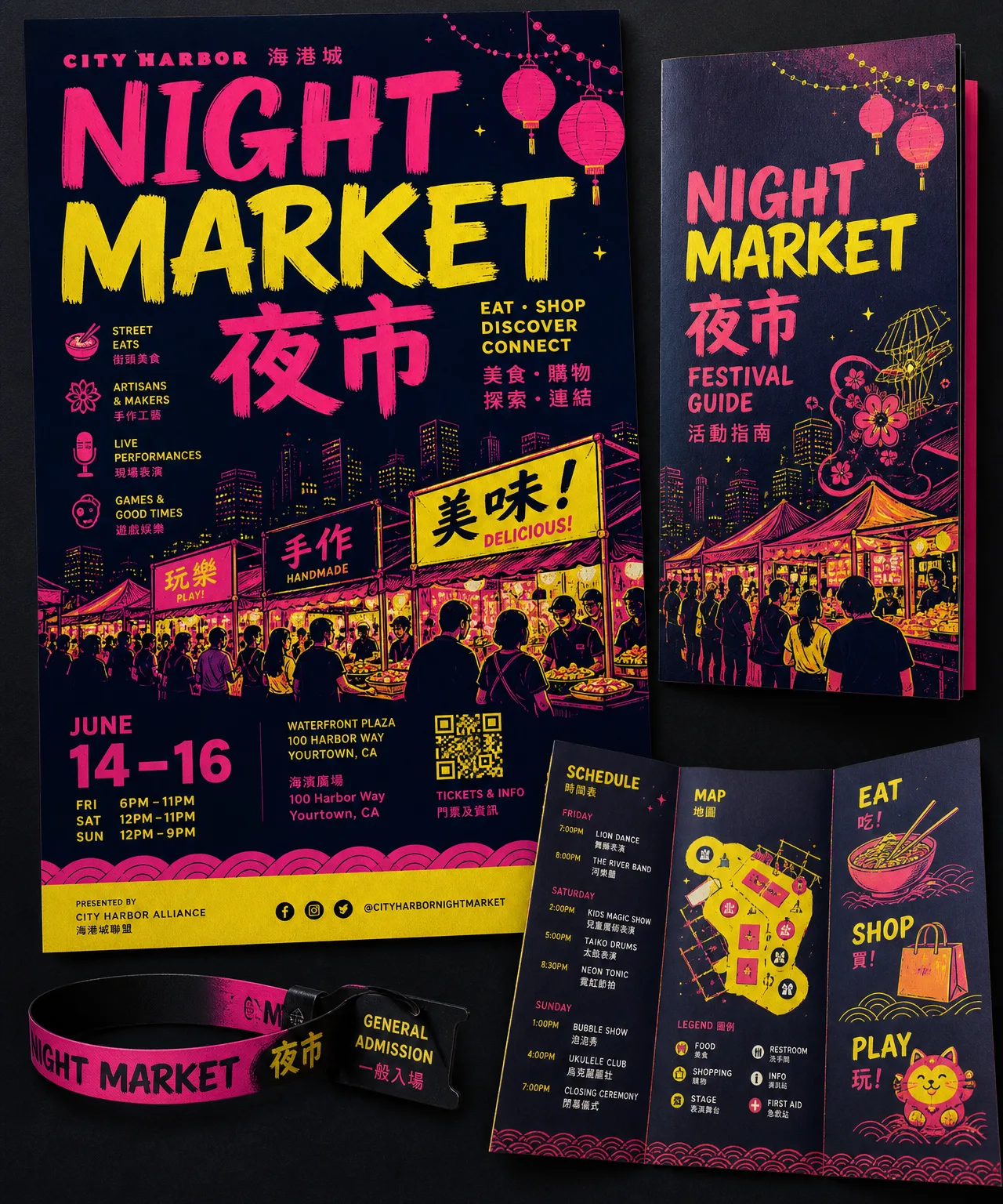NIGHT MARKET printed collateral showing layout, typography and finishing detail.