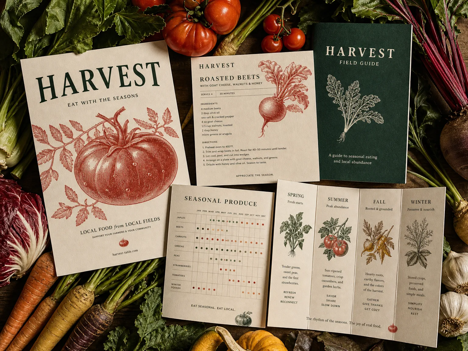 HARVEST printed collateral showing layout, typography and finishing detail.