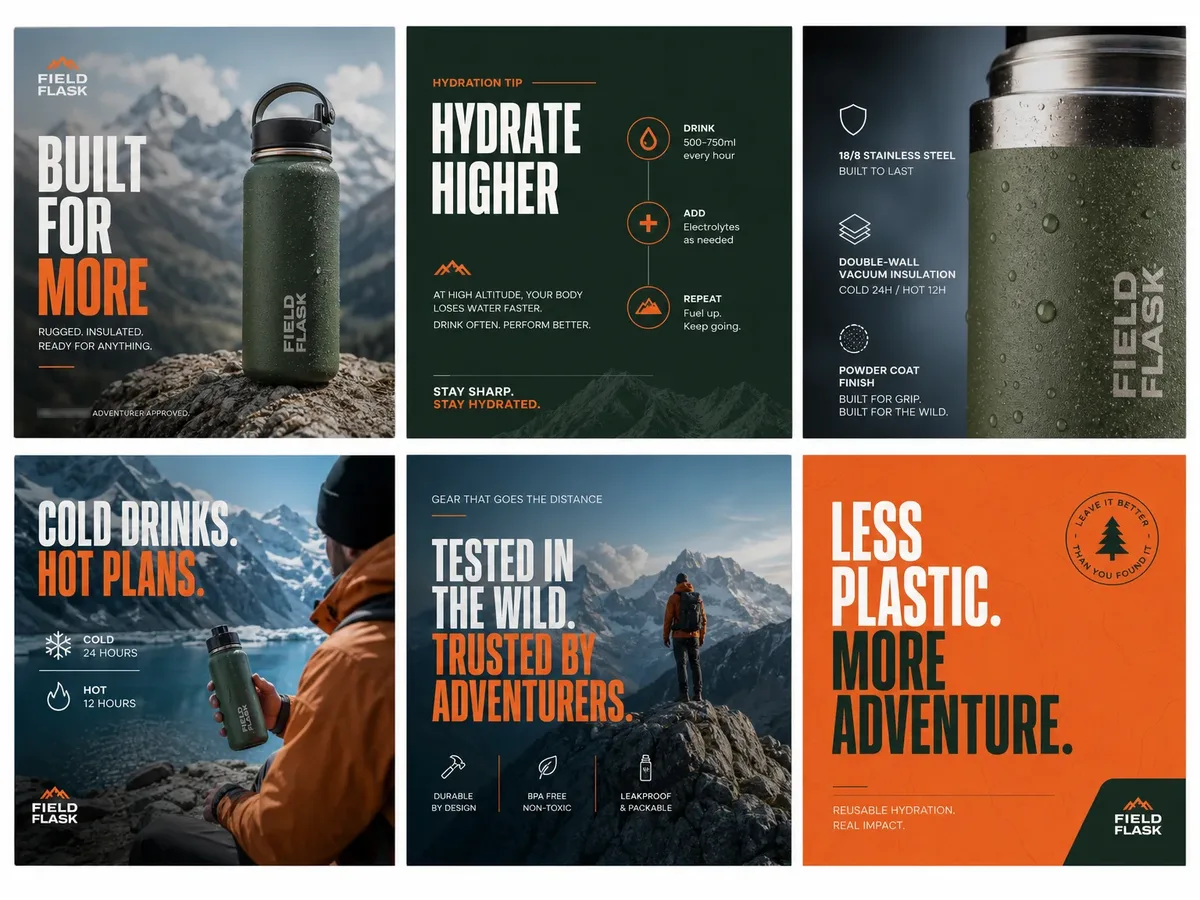 FIELD & FLASK social media template set showing post and story layouts.