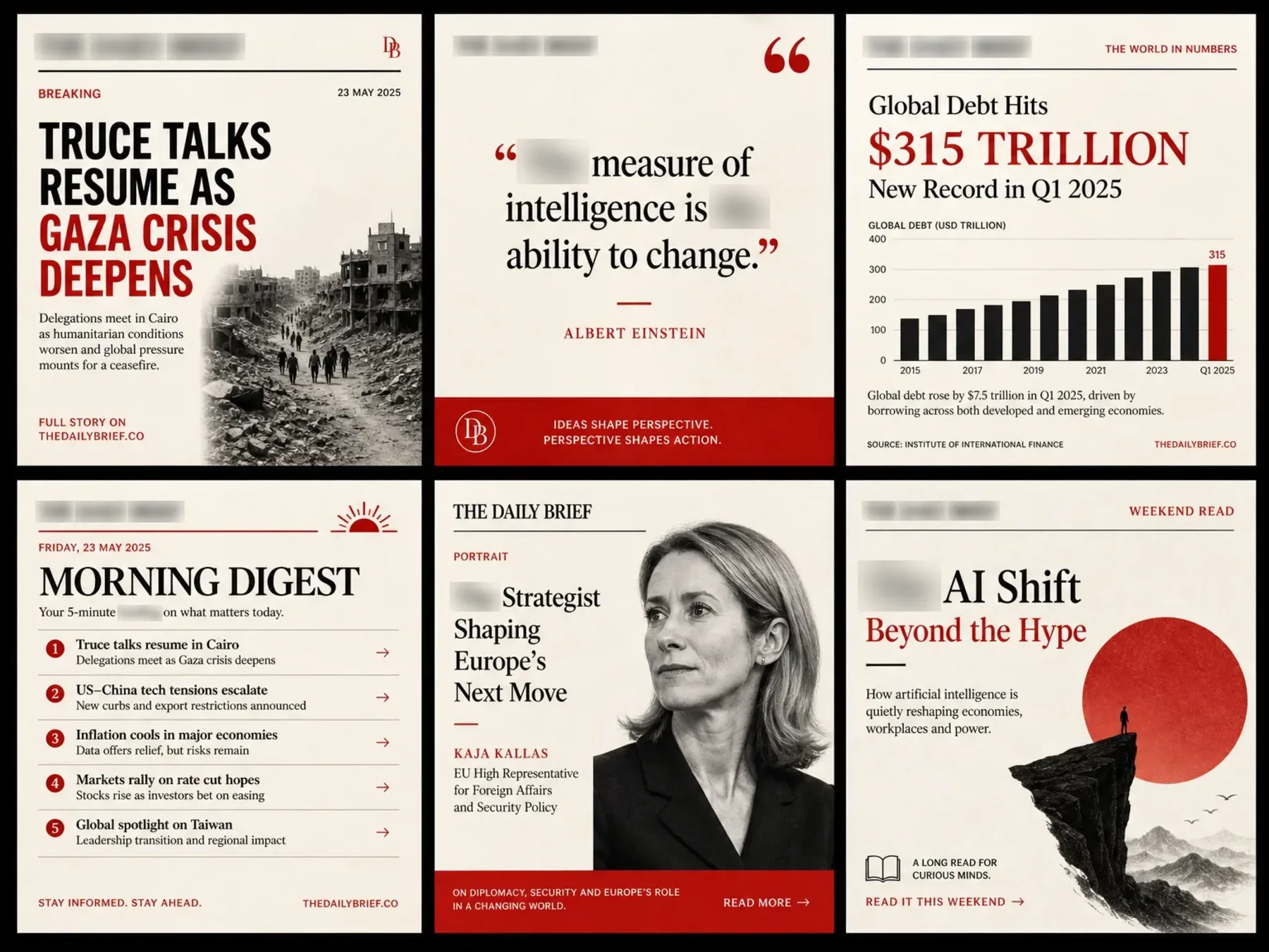 THE DAILY BRIEF social media template set showing post and story layouts.