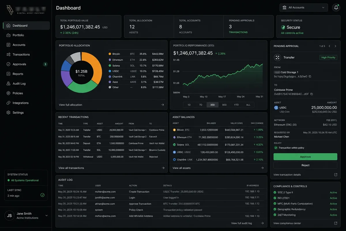 VAULT web app interface showing navigation, data views and controls.