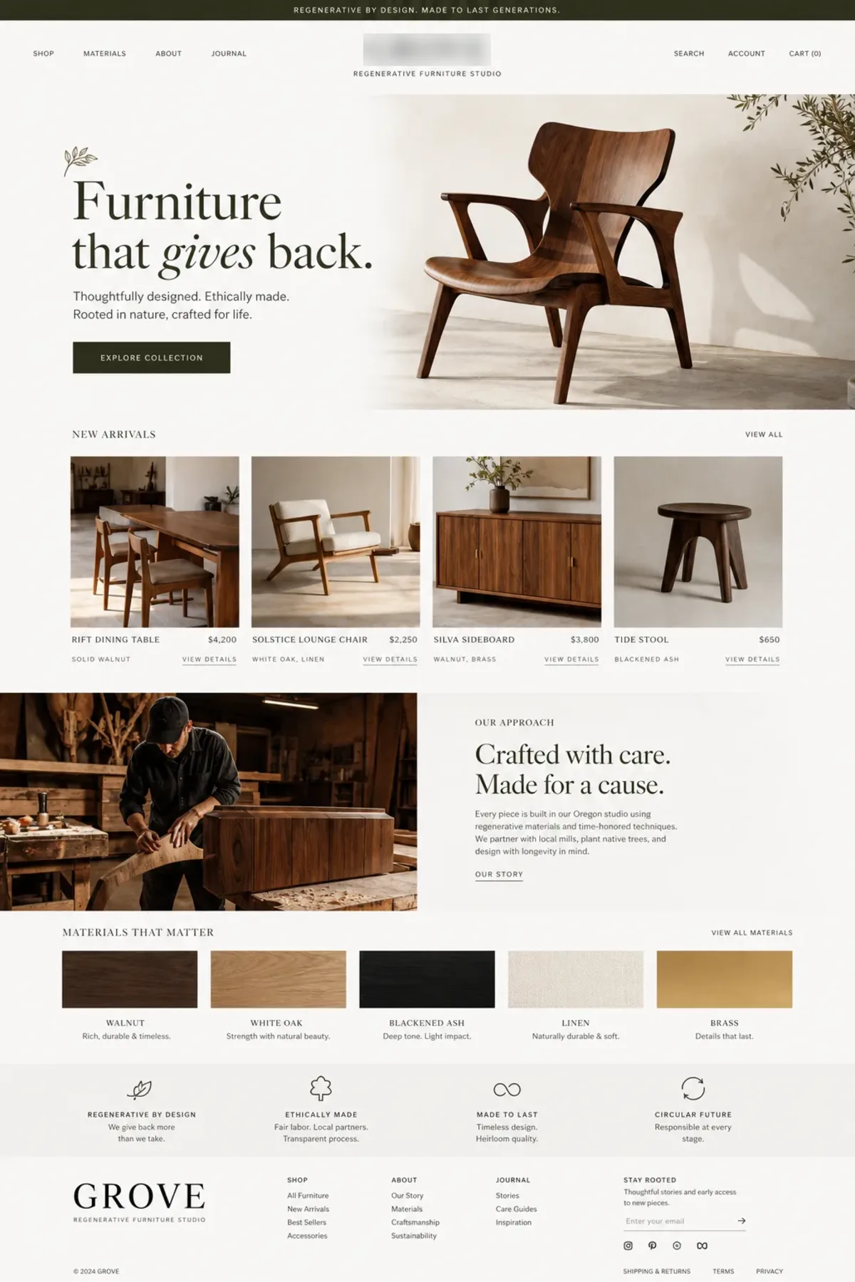 GROVE website design showing the hero section, navigation and page sections.