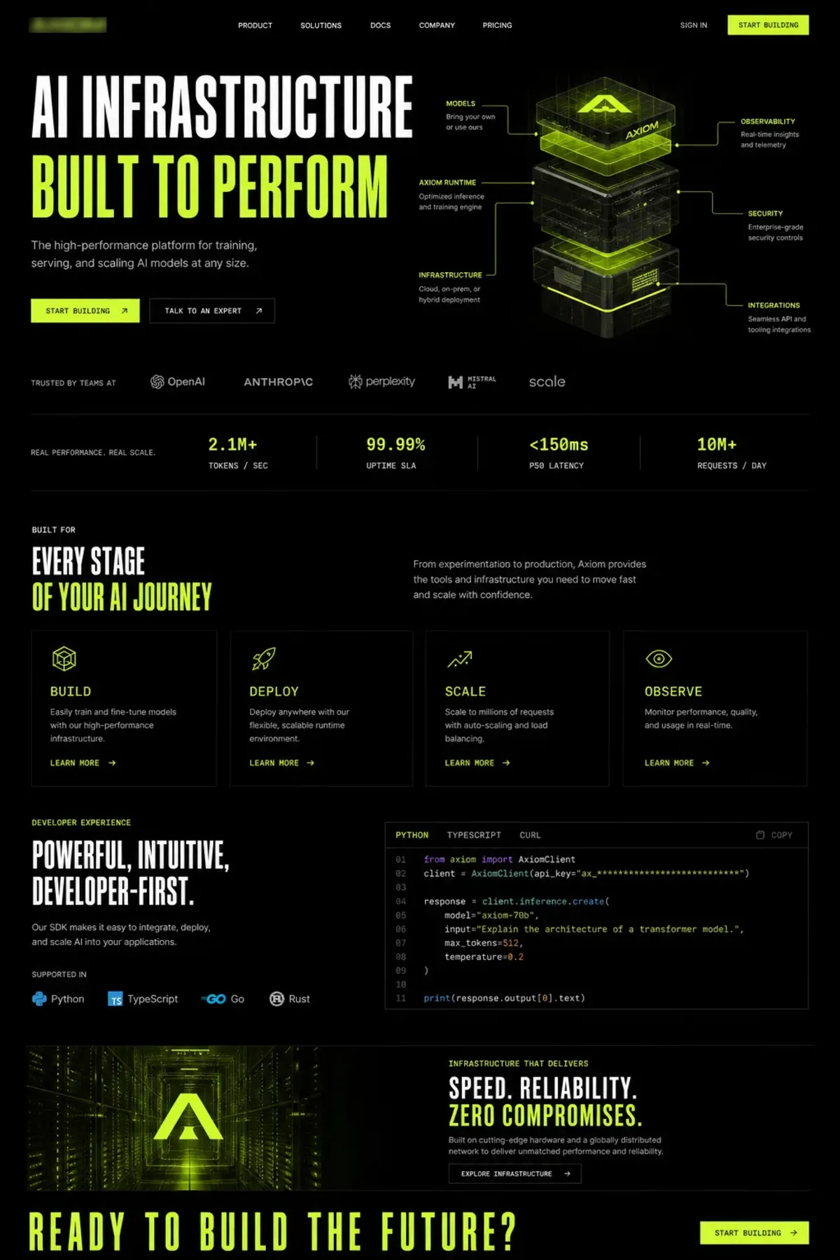 AXIOM website design showing the hero section, navigation and page sections.