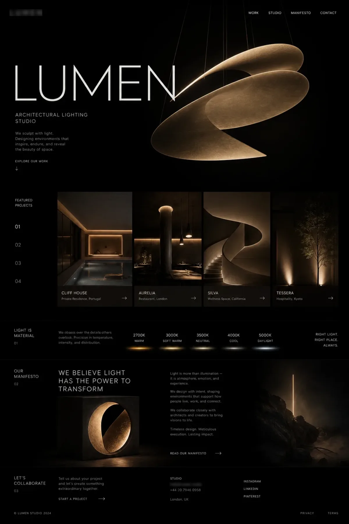 LUMEN website design showing the hero section, navigation and page sections.